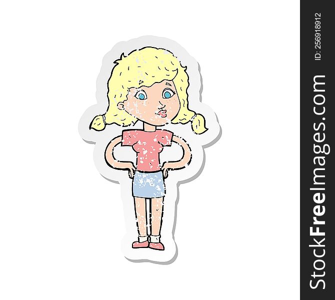 Retro Distressed Sticker Of A Cartoon Pretty Girl With Hands On Hips