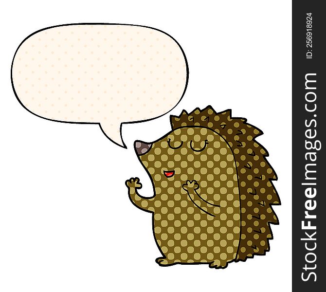 cartoon hedgehog with speech bubble in comic book style