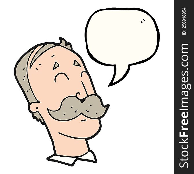 freehand drawn speech bubble cartoon ageing man with mustache