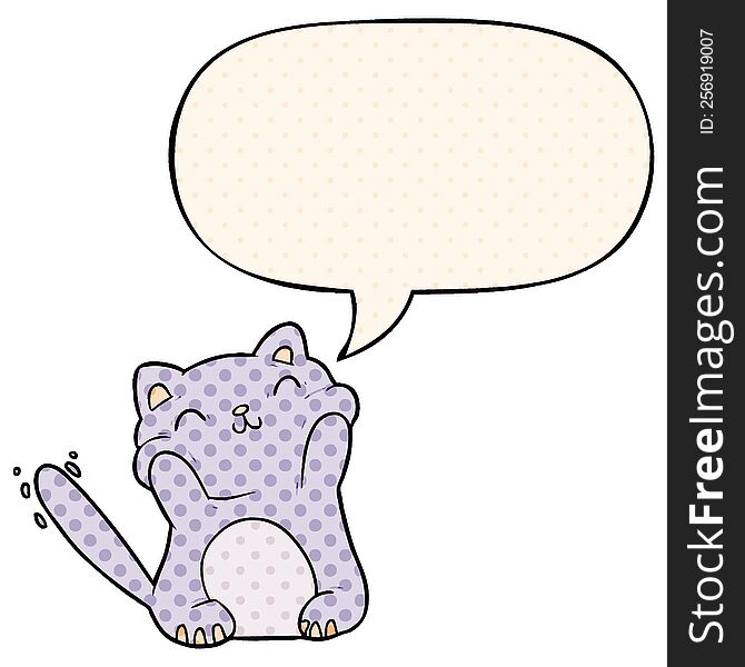 very happy cute cartoon cat  and speech bubble in comic book style