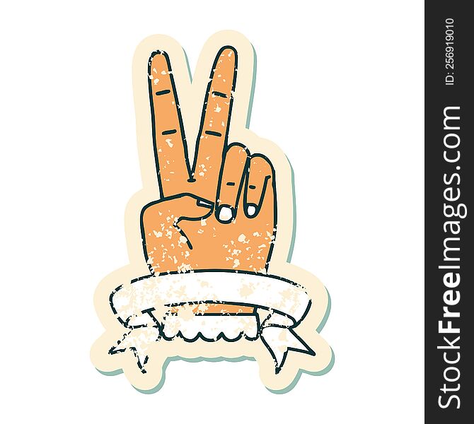 Peace Two Finger Hand Gesture With Banner Grunge Sticker