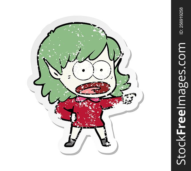 distressed sticker of a cartoon shocked elf girl pointing