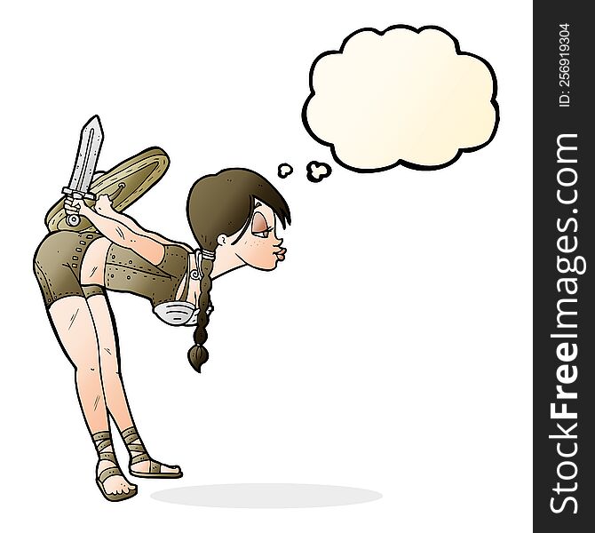 cartoon viking girl bowing with thought bubble
