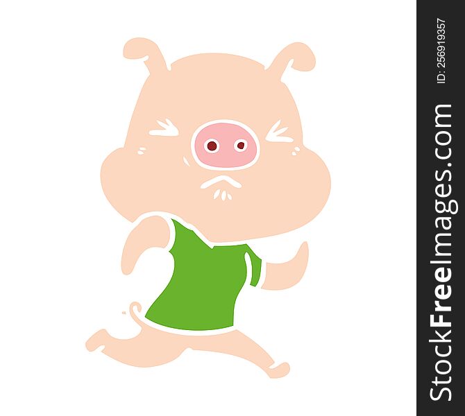 flat color style cartoon angry pig wearing tee shirt