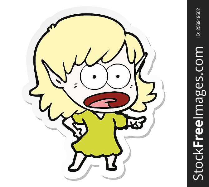 sticker of a cartoon shocked elf girl pointing