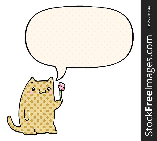 Cute Cartoon Cat And Flower And Speech Bubble In Comic Book Style