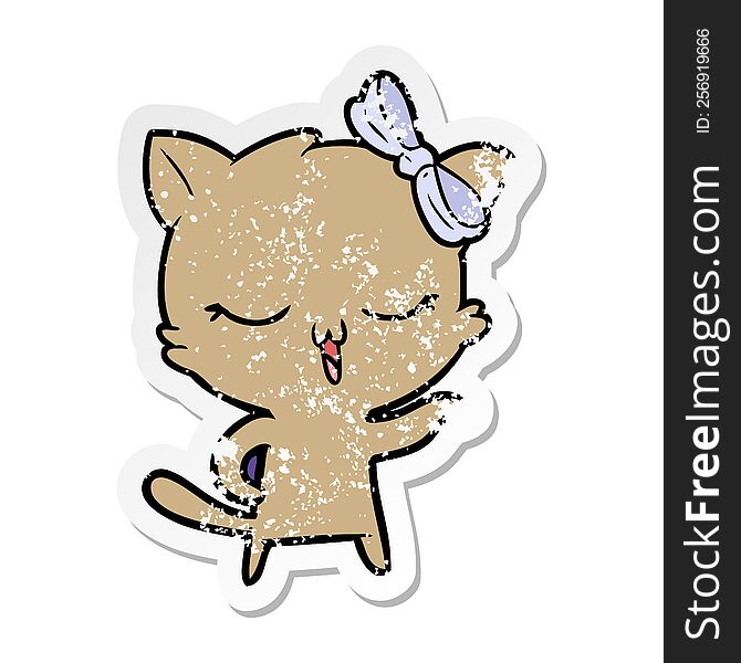 distressed sticker of a cartoon cat with bow on head