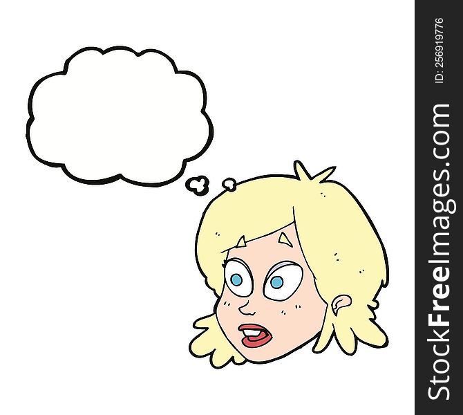 cartoon female face with surprised expression with thought bubble