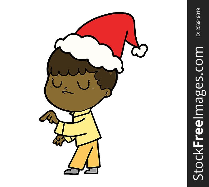 hand drawn line drawing of a grumpy boy wearing santa hat