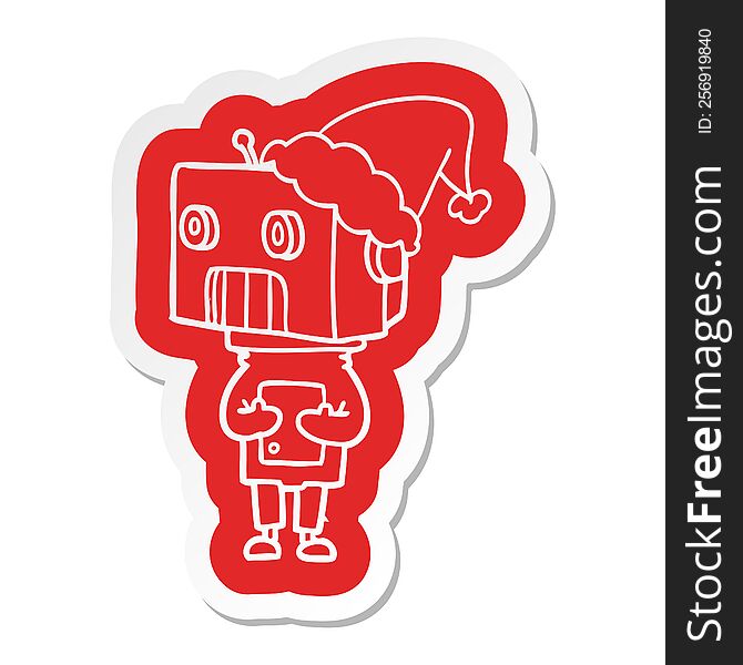 Cartoon  Sticker Of A Robot Wearing Santa Hat