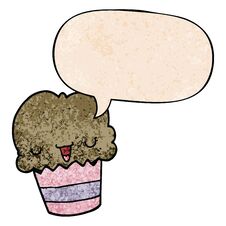 Cartoon Cupcake And Face And Speech Bubble In Retro Texture Style Royalty Free Stock Photo