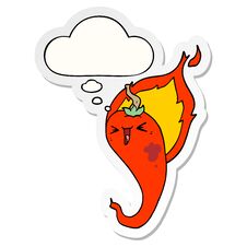 Cartoon Flaming Hot Chili Pepper And Thought Bubble As A Printed Sticker Royalty Free Stock Photo