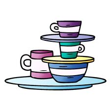 Gradient Cartoon Doodle Of Colourful Bowls And Plates Royalty Free Stock Images