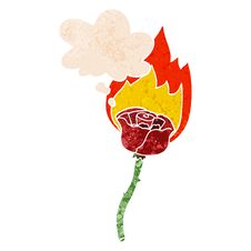 Cartoon Flaming Rose And Thought Bubble In Retro Textured Style Royalty Free Stock Photo