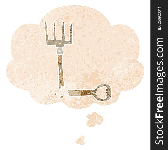 cartoon broken pitchfork with thought bubble in grunge distressed retro textured style. cartoon broken pitchfork with thought bubble in grunge distressed retro textured style