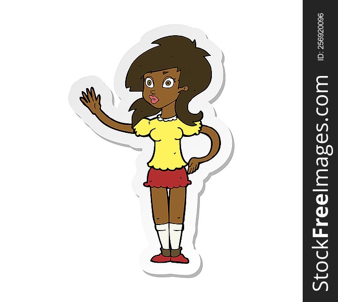 Sticker Of A Cartoon Pretty Woman Waving For Attention