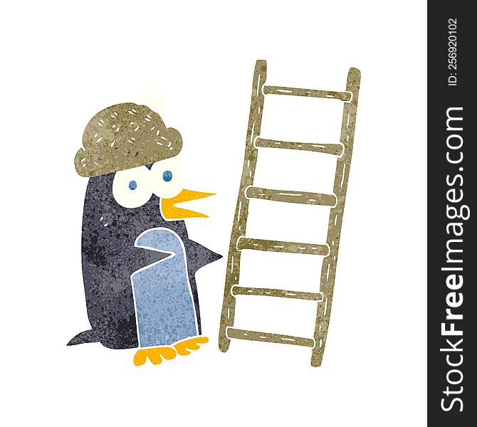 Retro Cartoon Penguin With Ladder