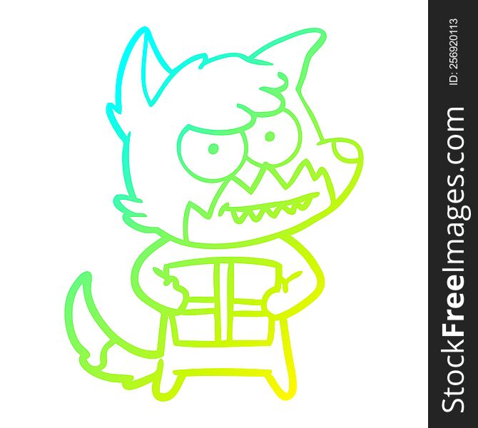 cold gradient line drawing of a cartoon grinning fox with present