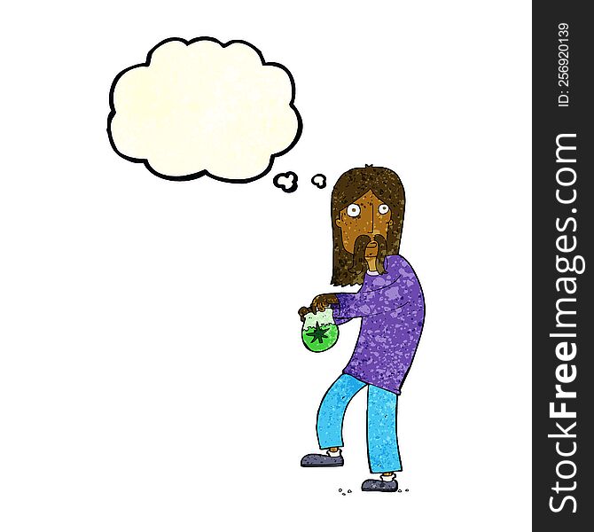 cartoon hippie man with bag of weed with thought bubble