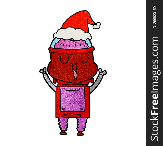 Happy Textured Cartoon Of A Robot Wearing Santa Hat