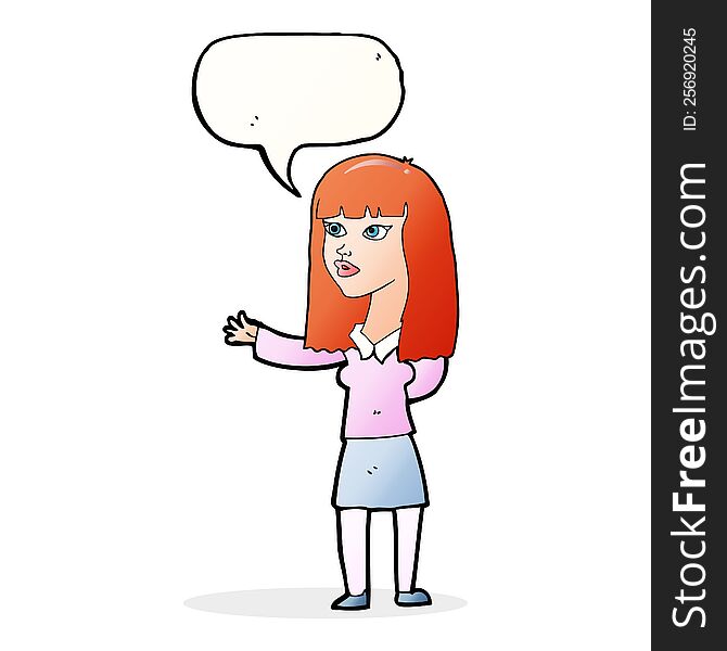 Cartoon Woman Gesturing To Show Something With Speech Bubble