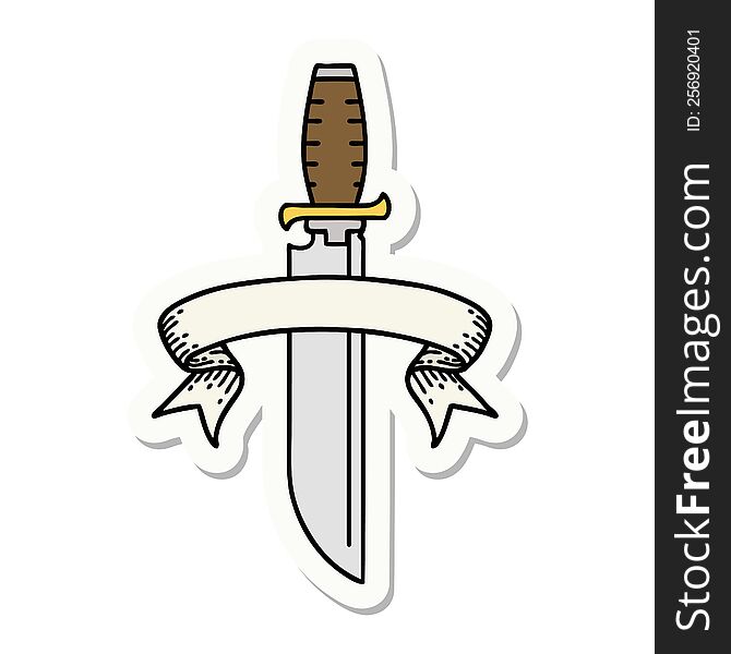 tattoo style sticker with banner of a knife. tattoo style sticker with banner of a knife