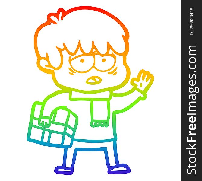 rainbow gradient line drawing of a cartoon exhausted boy