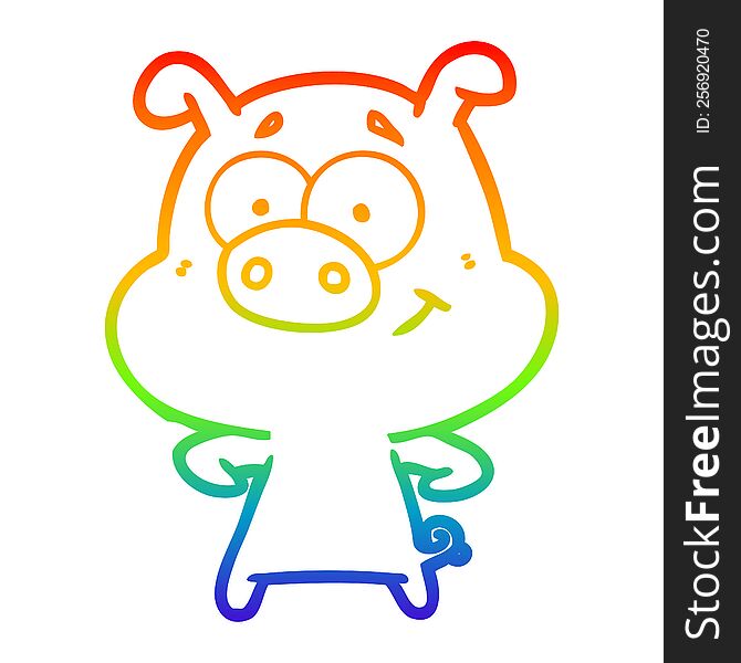 rainbow gradient line drawing of a happy cartoon pig