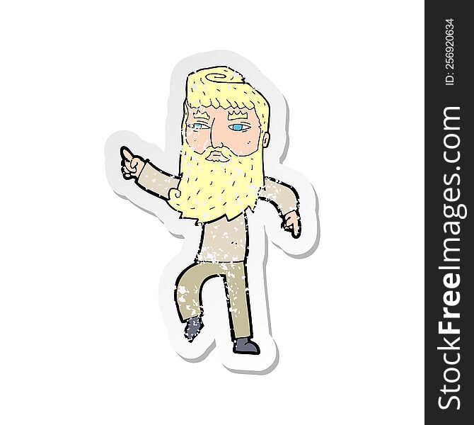 Retro Distressed Sticker Of A Cartoon Bearded Man Pointing The Way