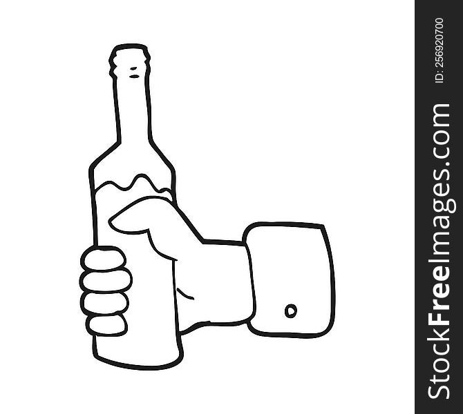 black and white cartoon hand holding bottle of wine