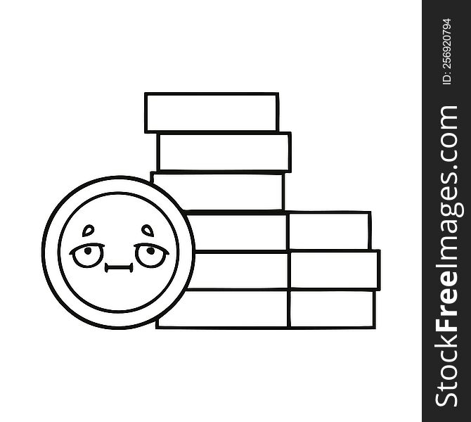 line drawing cartoon of a coins. line drawing cartoon of a coins