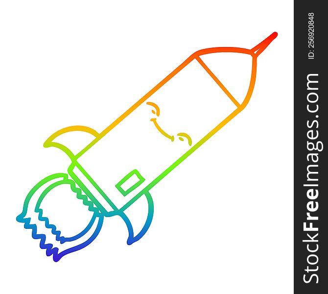 rainbow gradient line drawing of a cartoon rocket