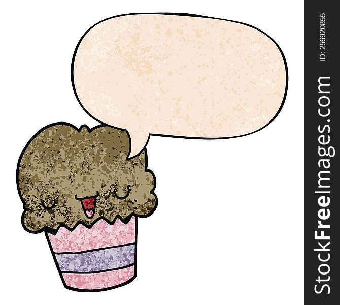 Cartoon Cupcake And Face And Speech Bubble In Retro Texture Style