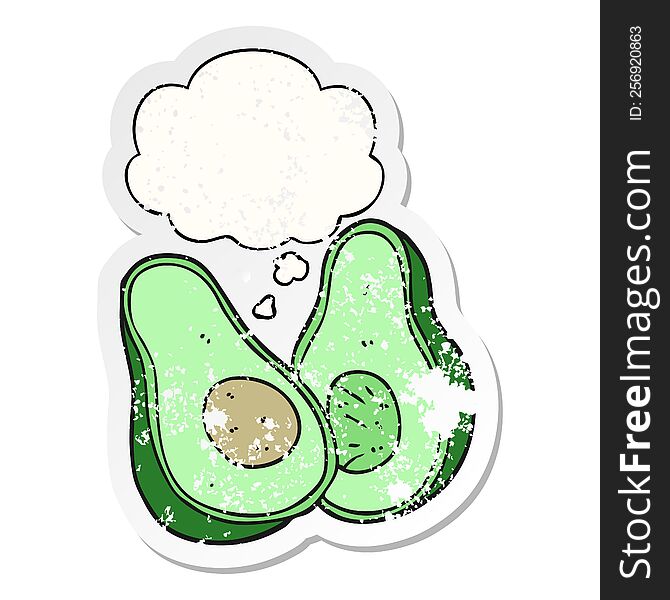 cartoon avocado with thought bubble as a distressed worn sticker