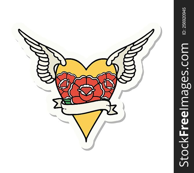 Tattoo Style Sticker Of A Flying Heart With Flowers And Banner
