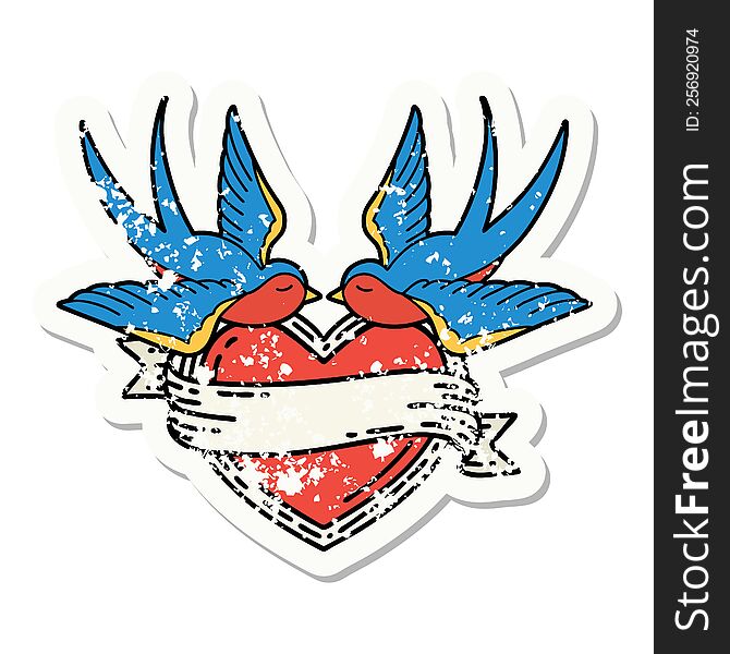distressed sticker tattoo in traditional style of swallows and a heart with banner. distressed sticker tattoo in traditional style of swallows and a heart with banner