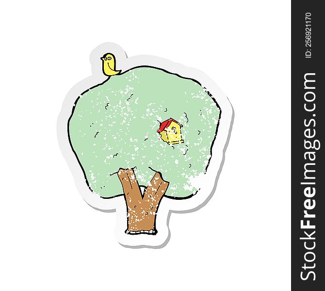 retro distressed sticker of a cartoon tree with birdhouse