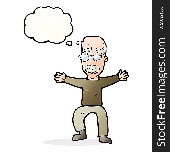 Cartoon Old Man Waving Arms With Thought Bubble