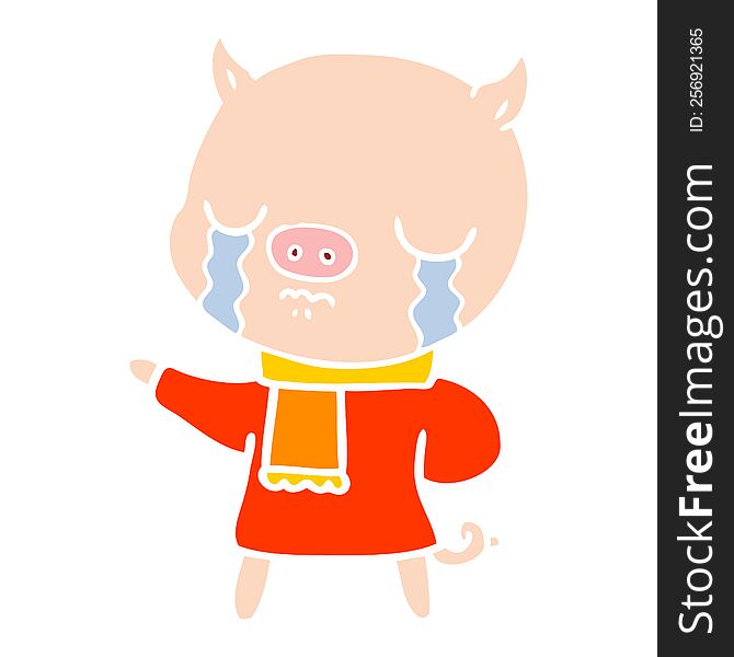 Flat Color Style Cartoon Crying Pig Wearing Scarf