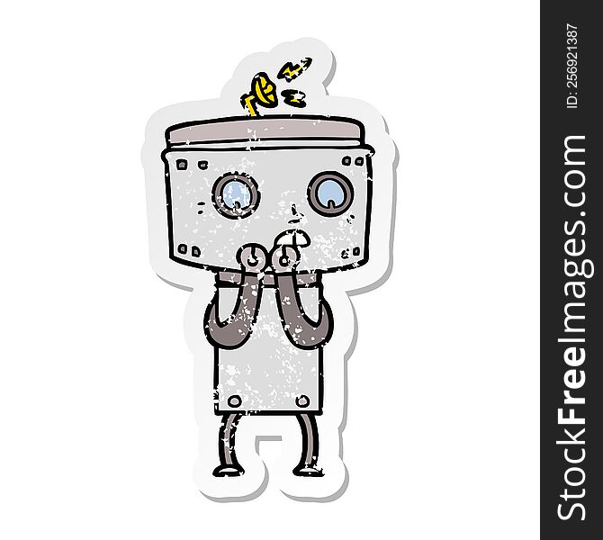 Distressed Sticker Of A Nervous Cartoon Robot