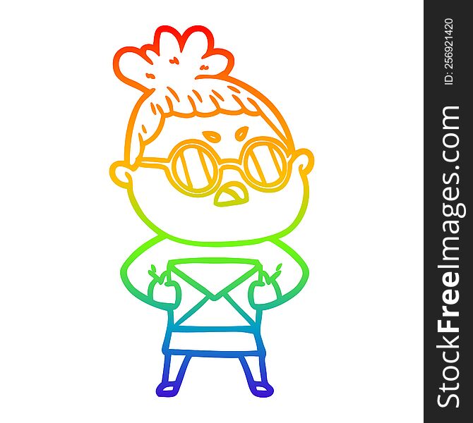 rainbow gradient line drawing of a cartoon annoyed woman