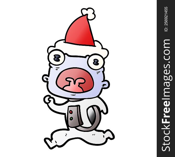Gradient Cartoon Of A Weird Alien Running Away Wearing Santa Hat