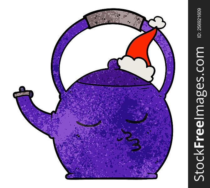 hand drawn textured cartoon of a kettle wearing santa hat