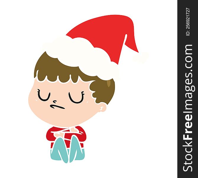 hand drawn flat color illustration of a grumpy boy wearing santa hat