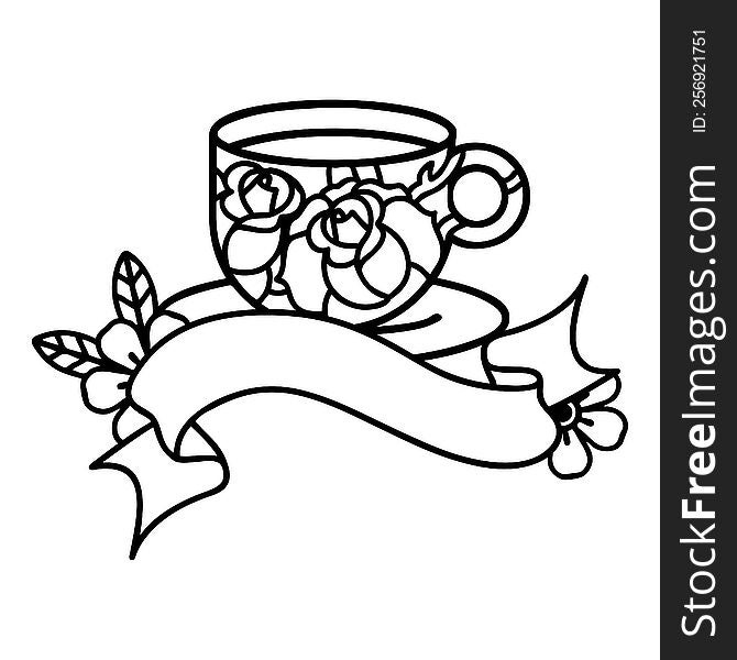 Black Linework Tattoo With Banner Of A Cup And Flowers