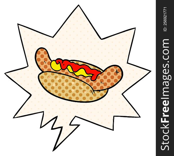 cartoon fresh tasty hot dog and speech bubble in comic book style