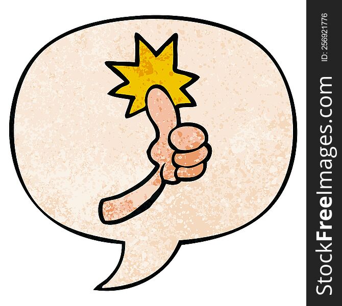 cartoon thumbs up sign with speech bubble in retro texture style