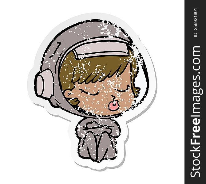Distressed Sticker Of A Cartoon Pretty Astronaut Girl
