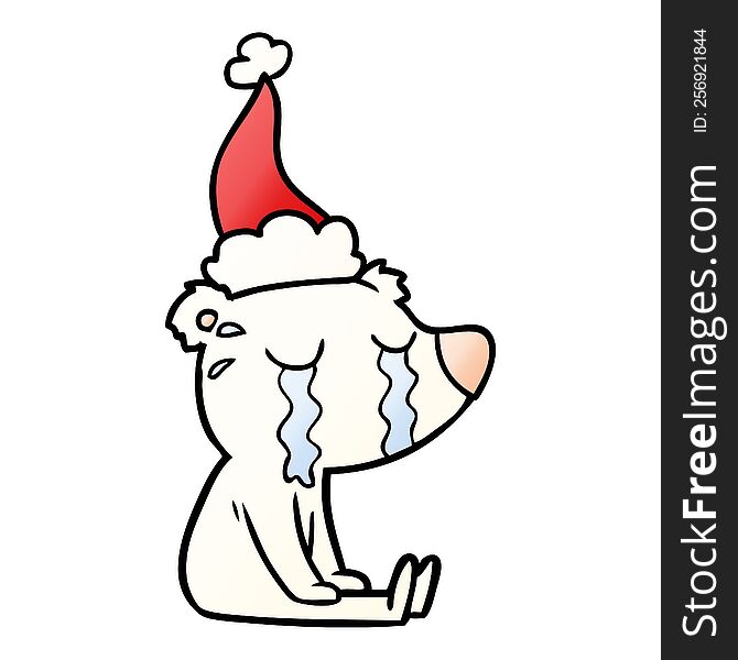 gradient cartoon of a crying sitting polar bear wearing santa hat