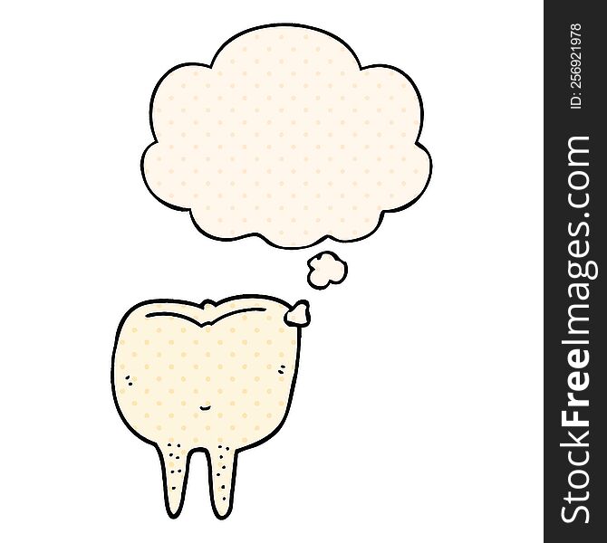 cartoon tooth with thought bubble in comic book style